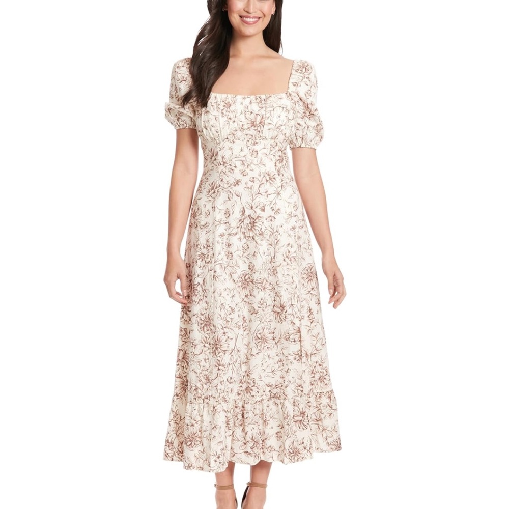 NWT London Times Woman’s Square Neck Smocked Back Linen Blend Maxi Dress Size 6